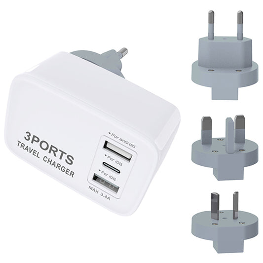 ערכת טעינה בינלאומית עם 2 שקעי הטענה USB ושקע Type-C