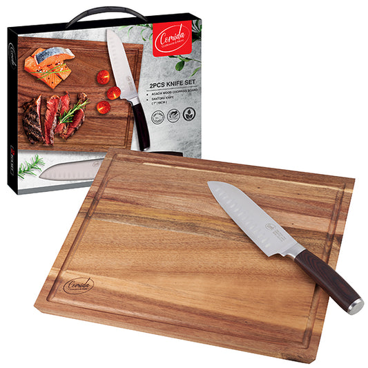 סט סכין סנטוקו מקצועית 30 ס"מ (להב 18 ס"מ) לוח חיתוך עץ איכותי