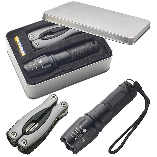 סט השרדות פנס עם מיקוד משתנהוכלי רב שימושי בקופסת מתכת