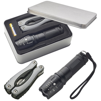 סט השרדות פנס עם מיקוד משתנהוכלי רב שימושי בקופסת מתכת