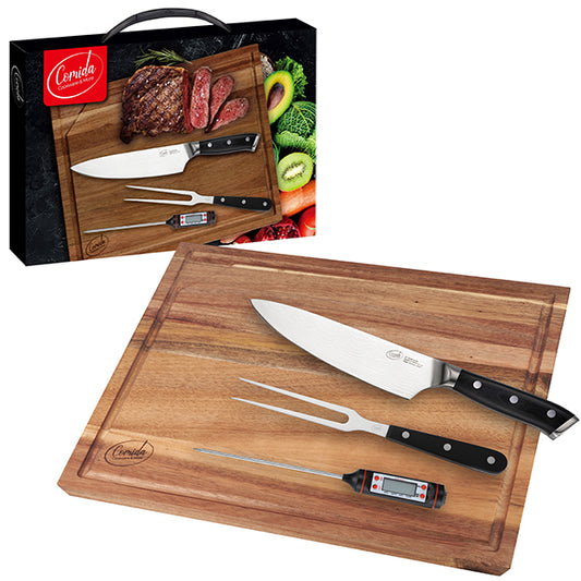 סט 4 חלקים למטבח כולל סכין סנטוקו, מדחום, קילשון בשר ולוח חיתוך