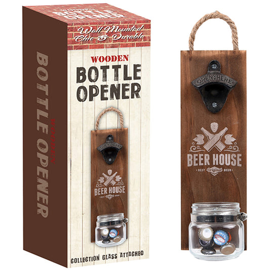 פותחן בקבוקים על לוח עץ מחובר לקיר