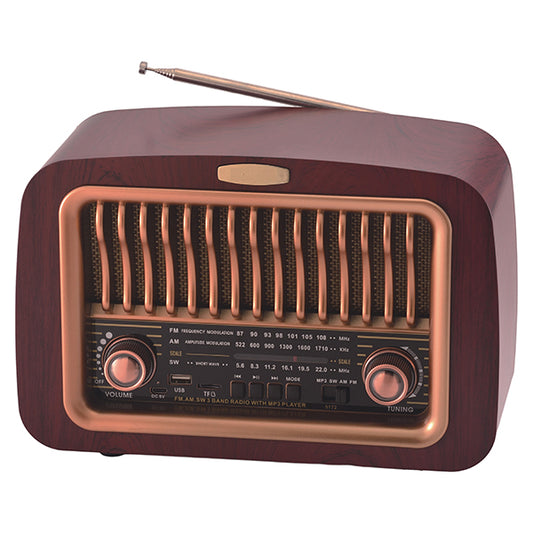 רדיו רטרו Bluetooth גדול משולב עם רמקול ונגן MP3 כולל חיבור לכל הניידים, עץ מהגוני