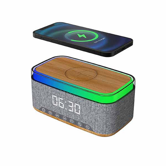 מטען אלחוטי מהיר 15W משולב עם רדיו/רמקול Bluetooth 10W ושעון דיגיטלי
