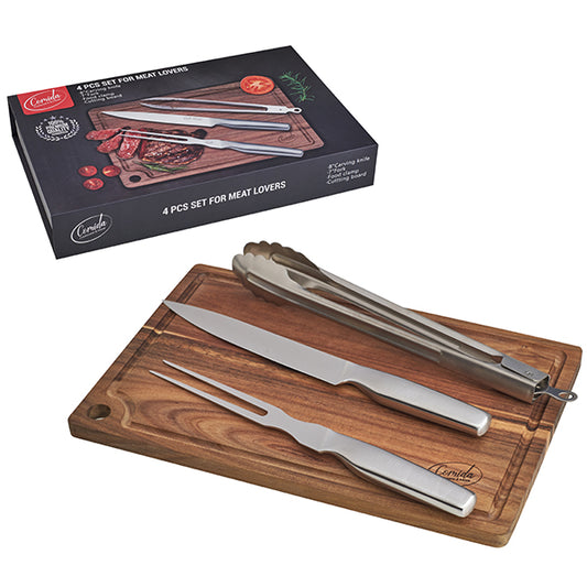 סט 4 חלקים למטבח כולל סכין שף, קלשון בשר, מלקחיים ולוח חיתוך עץ איכותי ACACIA