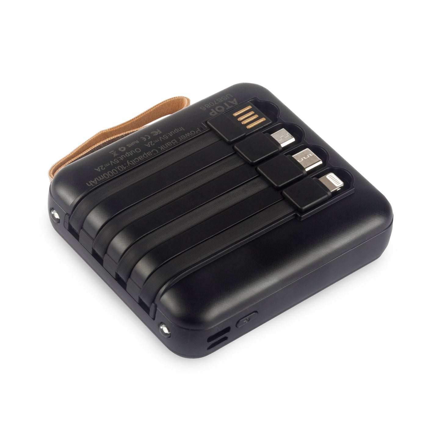 מטען נייד 10,000mAh עם כבלים מובנים ופנס